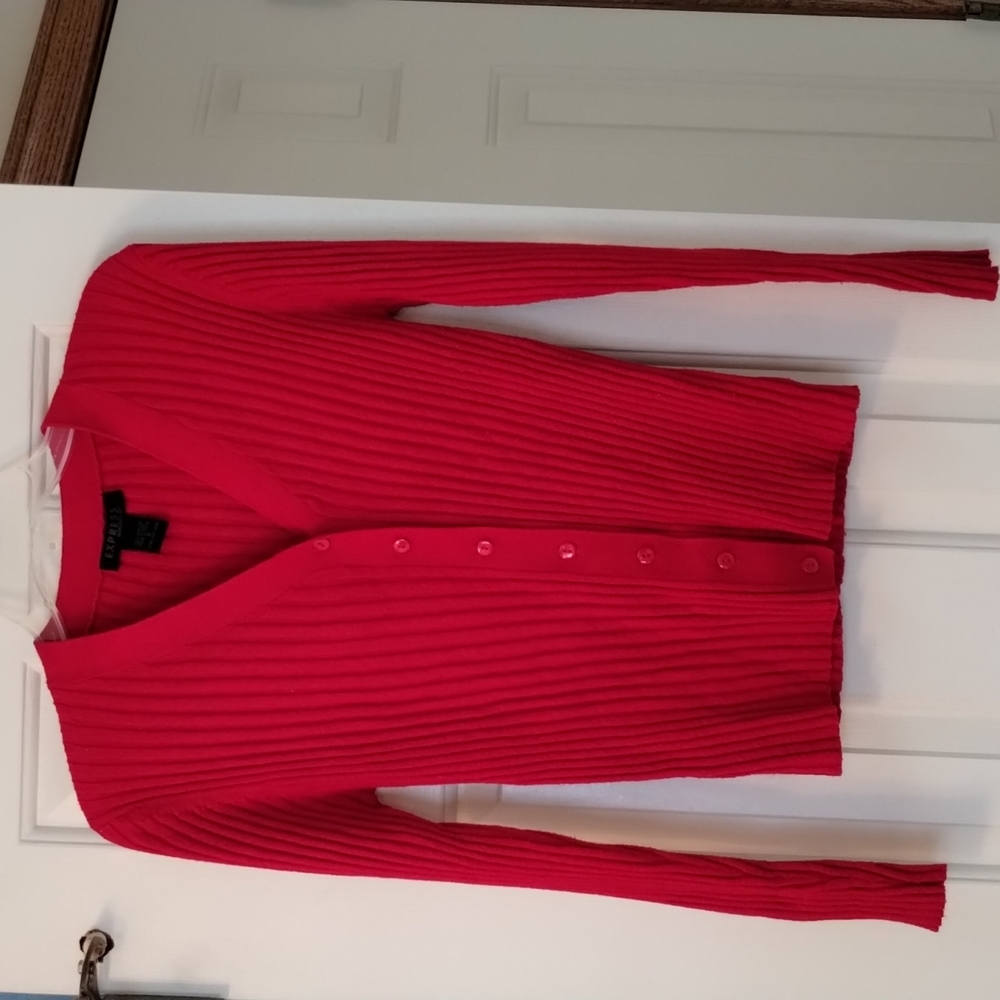 Express red ribbed long sleeve, button down front sweater